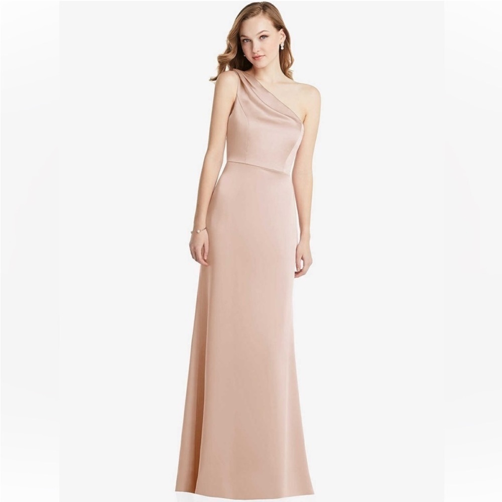 LOVELY LB028 SHIRRED ONE-SHOULDER SATIN TRUMPET DRESS IN CAMEO SIZE 20
